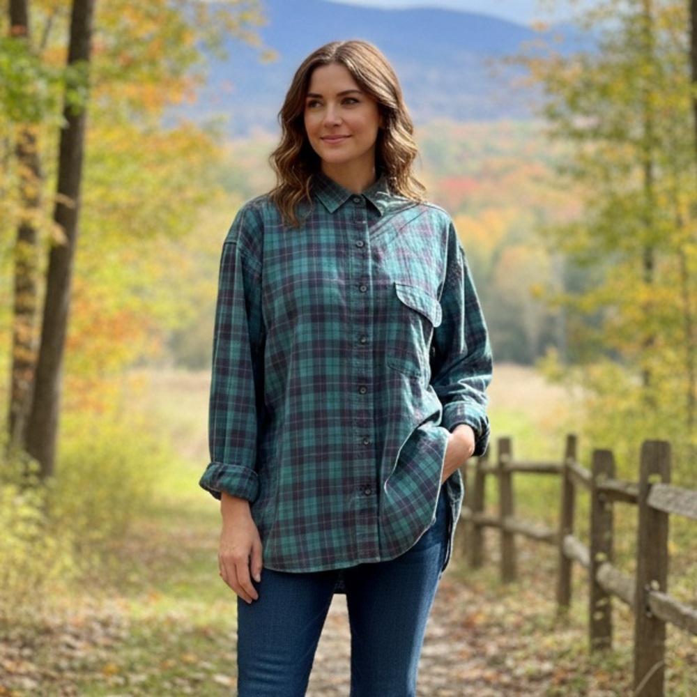 Patagonia Teal Green Pink Plaid Button-Up Shirt 100% Cotton Outdoors‎ Casual